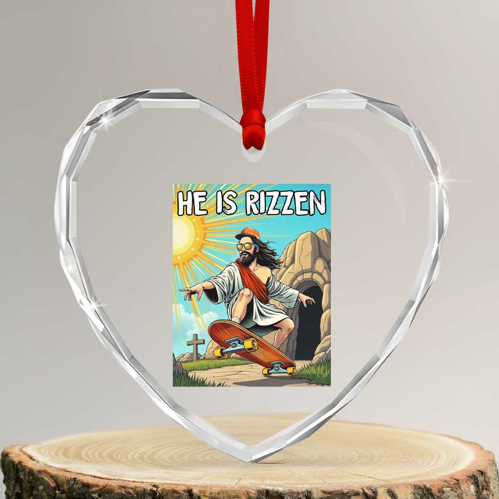 He is Rizzen Heart Crystal Glass Ornament Funny Jesus Skateboarding Christian Meme TS10 Transparent Glass 3'' Heart Print Your Wear