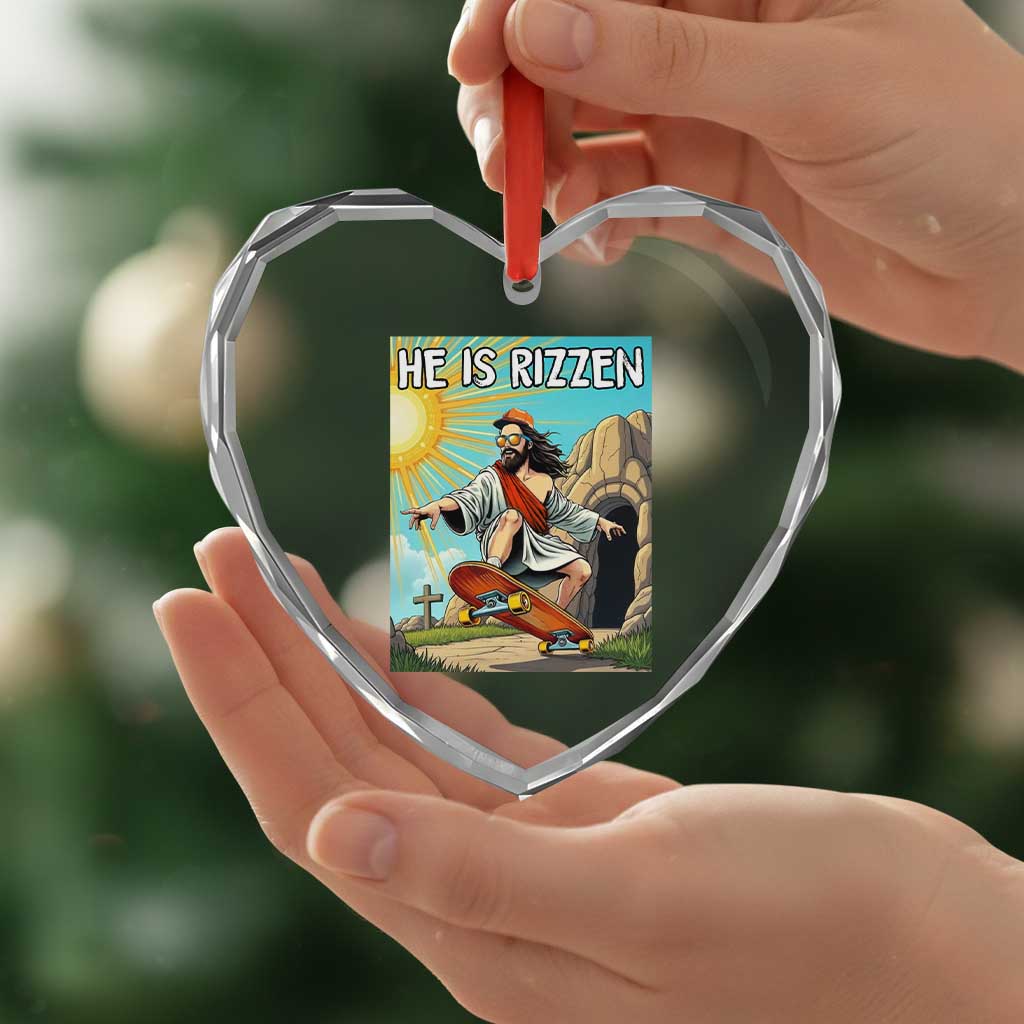 He is Rizzen Heart Crystal Glass Ornament Funny Jesus Skateboarding Christian Meme TS10 Print Your Wear