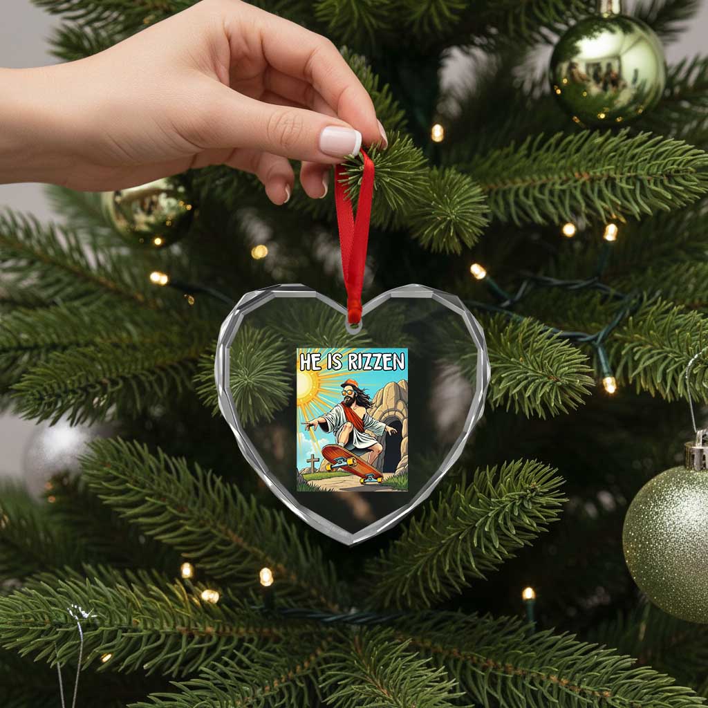 He is Rizzen Heart Crystal Glass Ornament Funny Jesus Skateboarding Christian Meme TS10 Print Your Wear