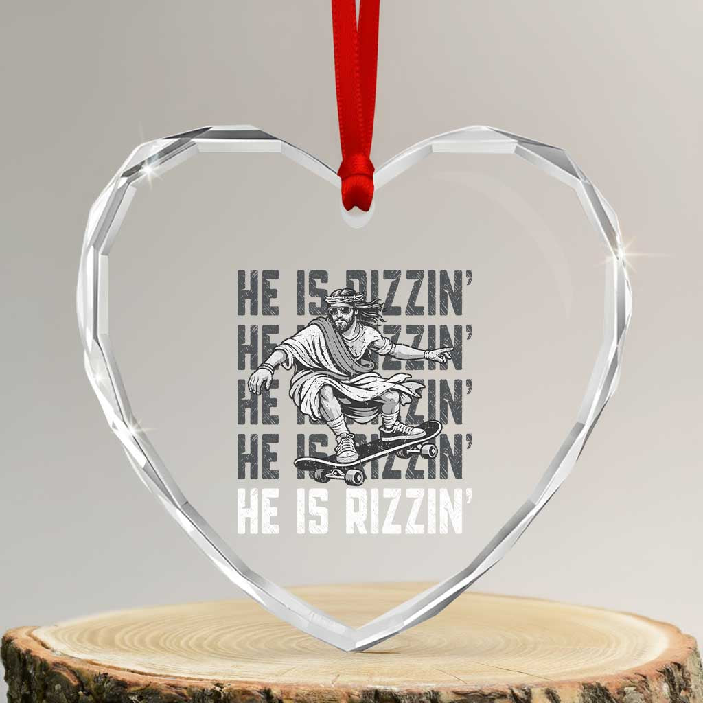 He Is Rizzin Funny Christian Easter Skateboarding Jesus Meme Heart Crystal Glass Ornament Faith Humor Trendy Youth Gift TS02 Transparent Glass 3'' Heart Print Your Wear
