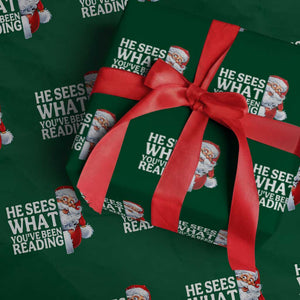 He Sees What You Have Been Reading Wrapping Paper Roll Funny Bookish Christmas Book Lover TS14 Green Print Your Wear