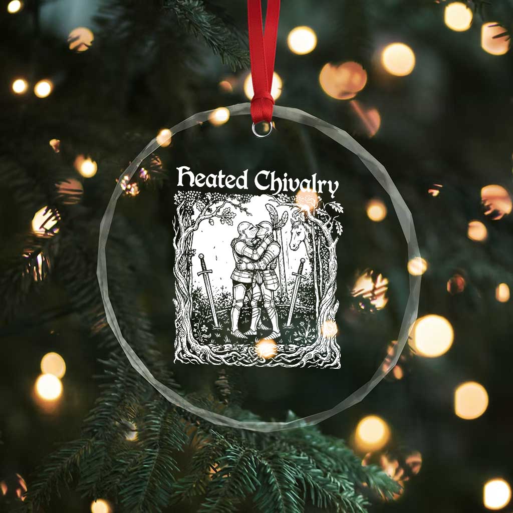 Heated Chivalry Kissing Knights Crystal Glass Ornament Romantic Funny Medieval Woodcut Fantasy Folklore Graphic