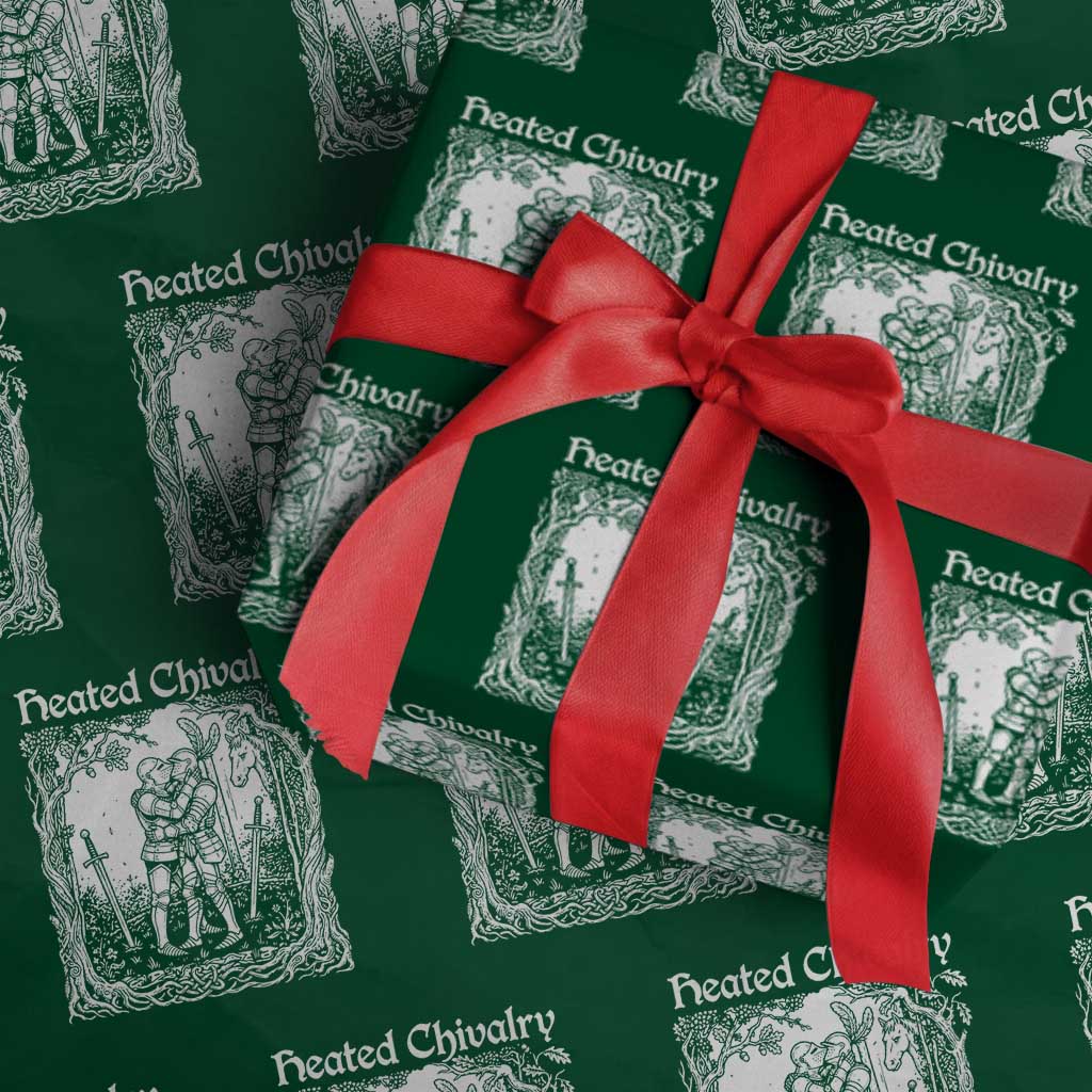 Heated Chivalry Kissing Knights Wrapping Paper Roll Romantic Funny Medieval Woodcut Fantasy Folklore Graphic TS02 Green Print Your Wear