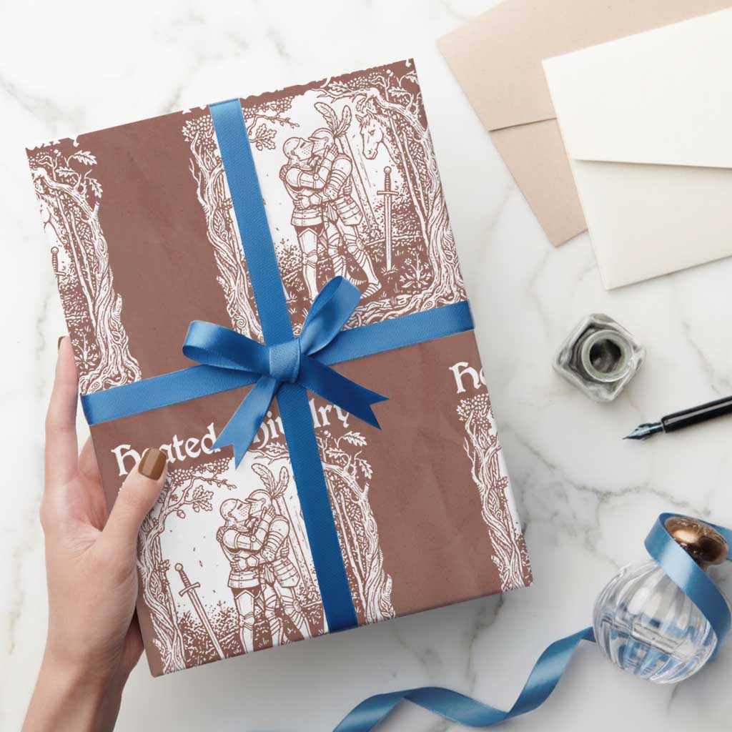 Heated Chivalry Kissing Knights Wrapping Paper Roll Romantic Funny Medieval Woodcut Fantasy Folklore Graphic TS02 Mocha Print Your Wear