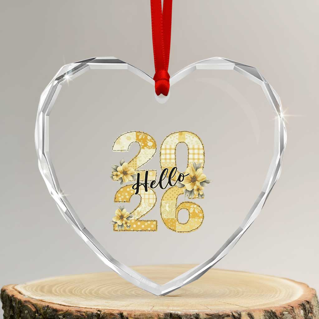Hello New Year 2026 Vintage Floral Patchwork Quilt Heart Crystal Glass Ornament TS11 Transparent Glass 3'' Heart Print Your Wear