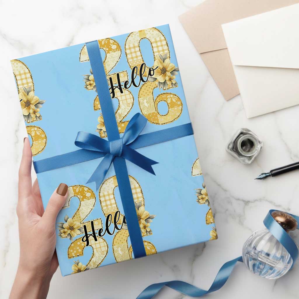 Hello New Year 2026 Vintage Floral Patchwork Quilt Wrapping Paper Roll TS11 Light Blue Print Your Wear