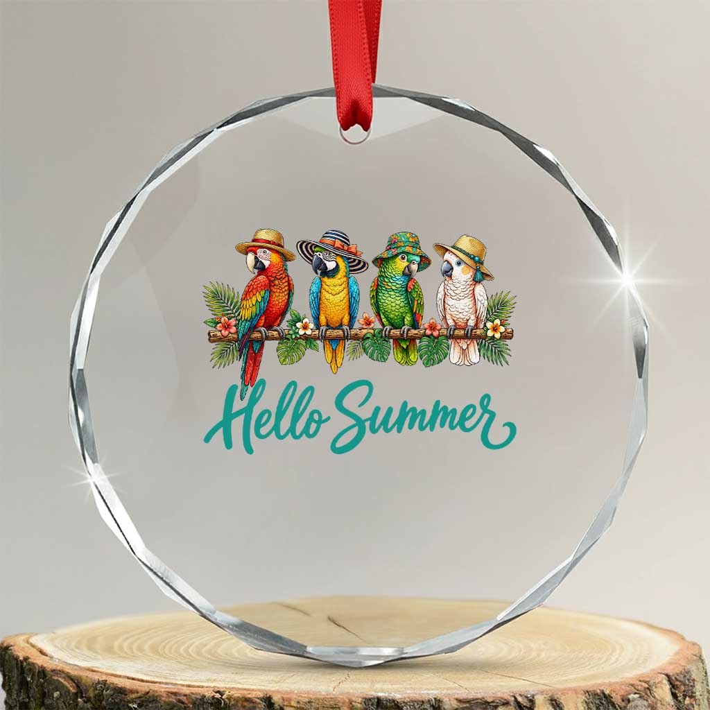 Hello Summer Parrots Crystal Glass Ornament Tropical Beach Vacation Graphic