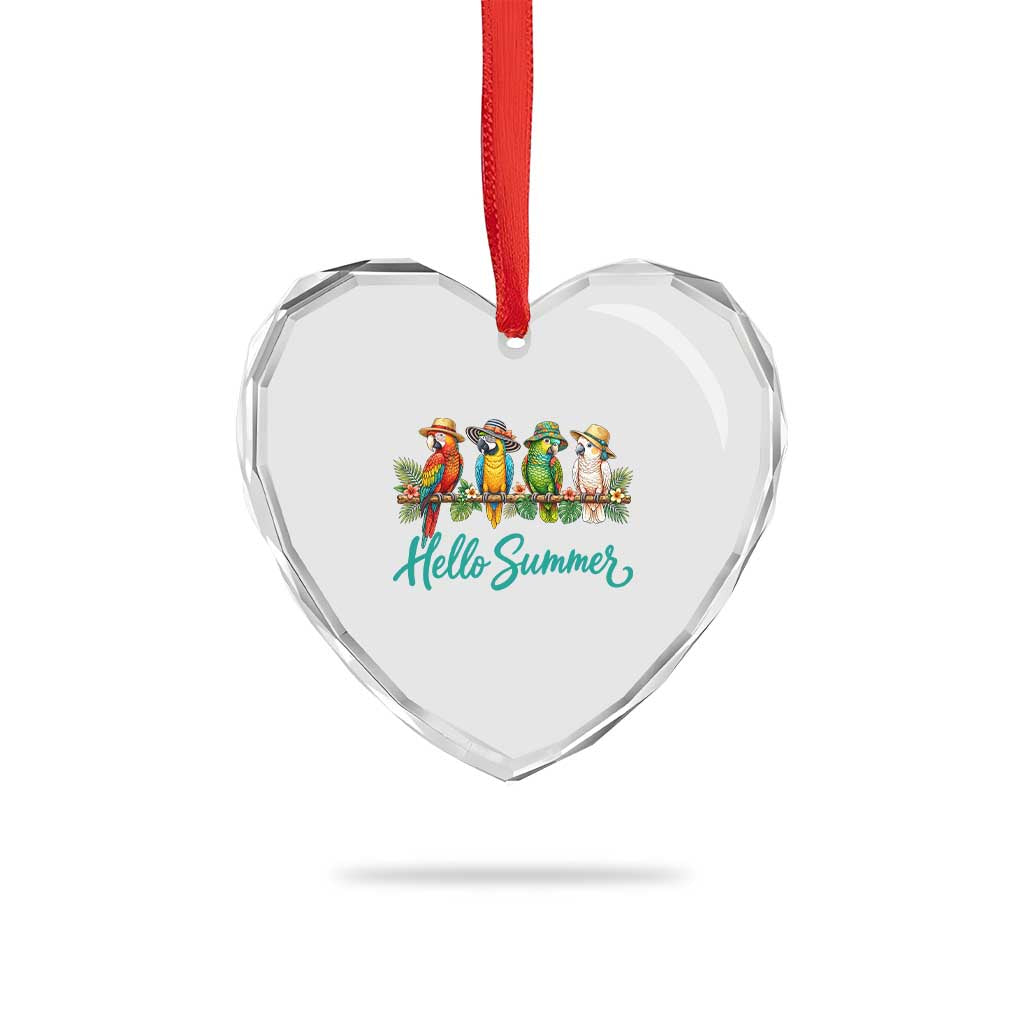 Hello Summer Parrots Heart Crystal Glass Ornament Tropical Beach Vacation Graphic