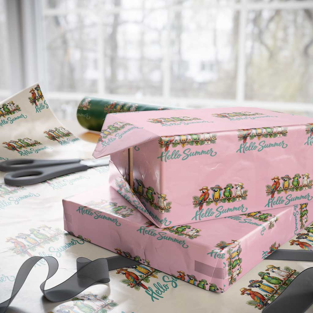Hello Summer Parrots Wrapping Paper Roll Tropical Beach Vacation Graphic