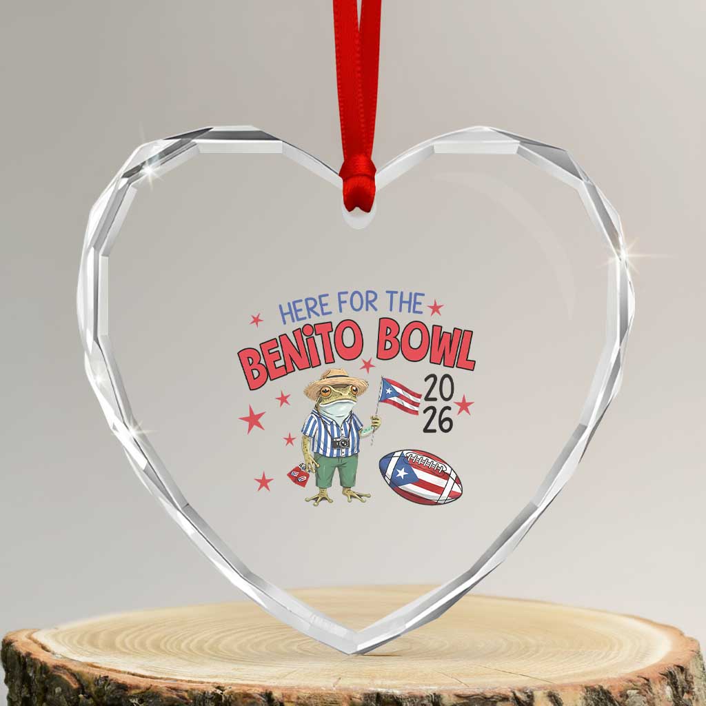Here for the Benito Bowl 2026 Coquí Frog Heart Crystal Glass Ornament Puerto Rican Funny Football Music Fans TS02 Transparent Glass 3'' Heart Print Your Wear