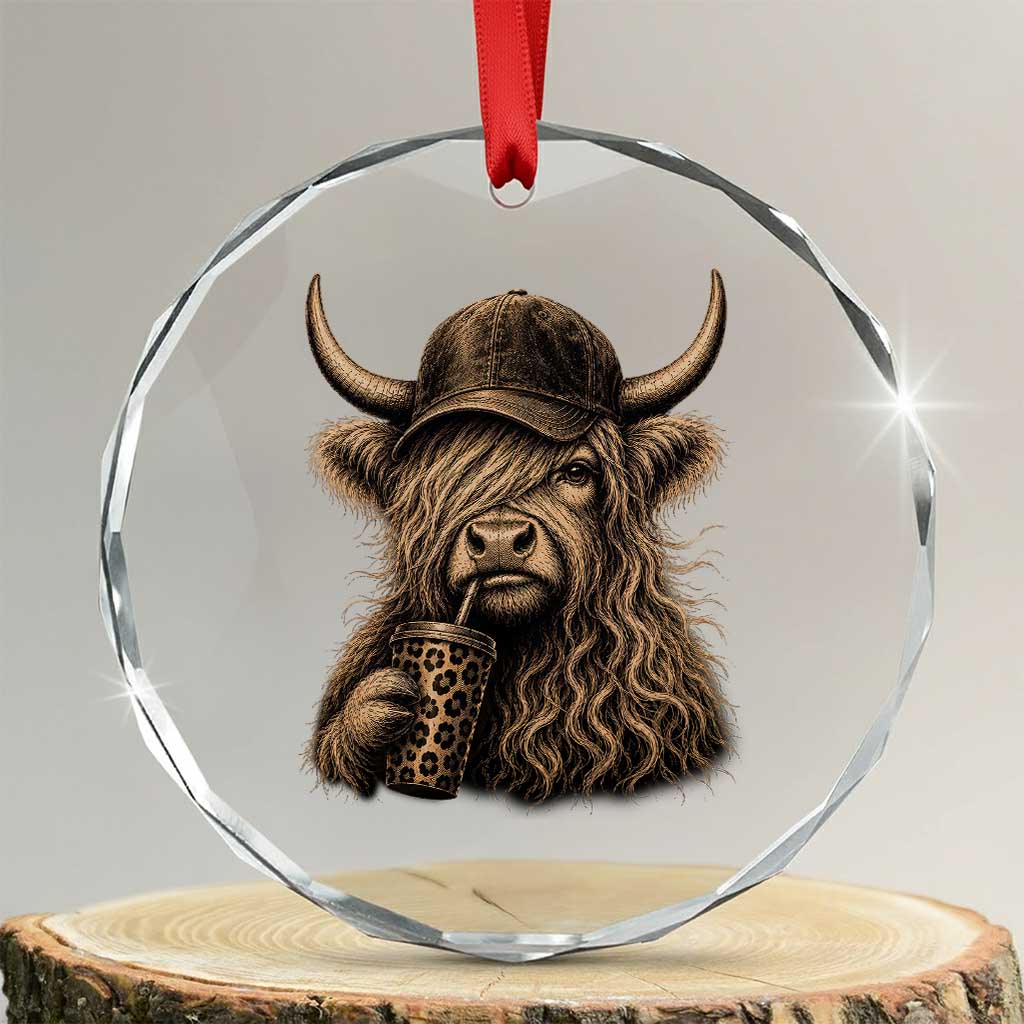 Highland Cow Funny Cute Coffee Lover Graphic Crystal Glass Ornament TS10 Transparent Glass 3'' Circle Print Your Wear