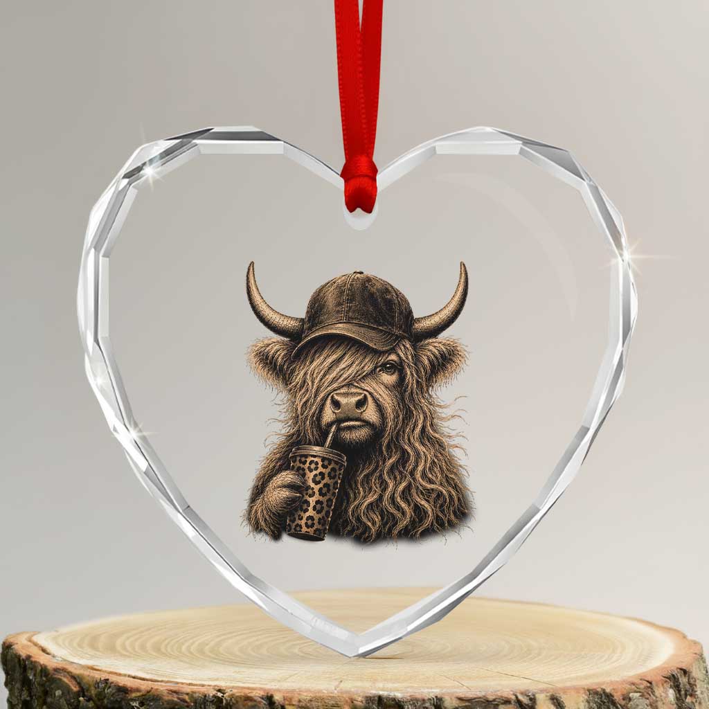 Highland Cow Funny Cute Coffee Lover Graphic Heart Crystal Glass Ornament TS10 Transparent Glass 3'' Heart Print Your Wear
