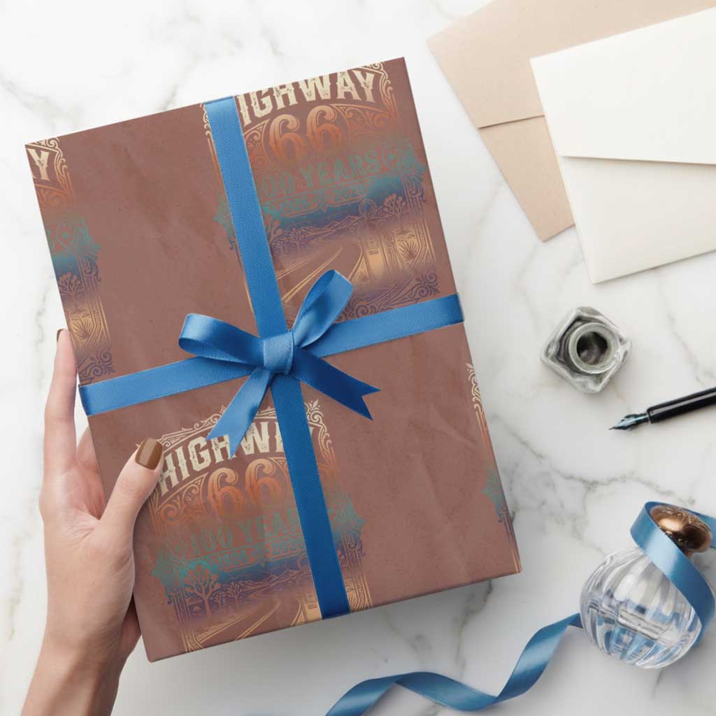 Highway 66 100 Years of the Mother Road Wrapping Paper Roll Centennial 1926-2026 Desert Oasis Retro Rainbow Graphic TS02 Mocha Print Your Wear