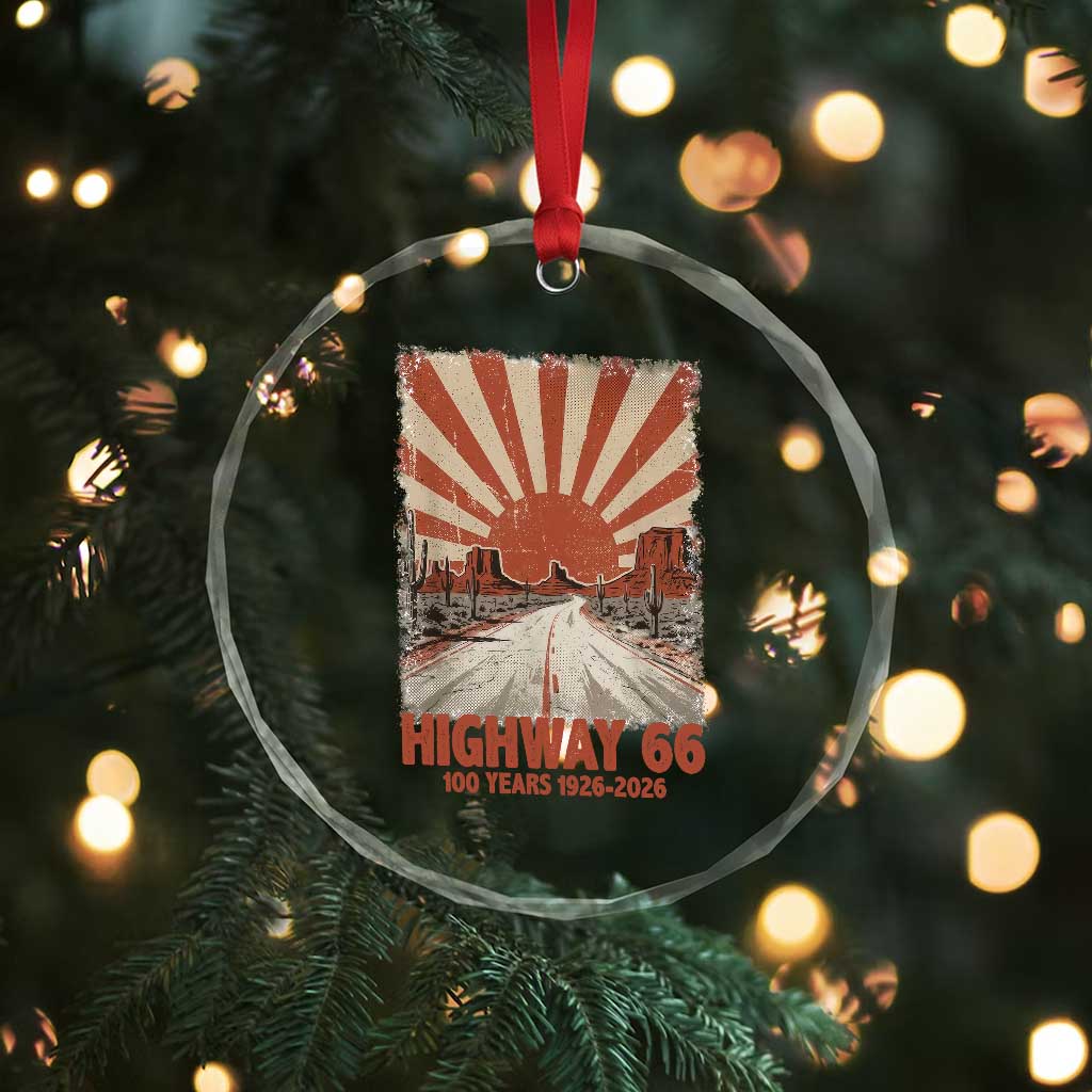 Highway 66 Main Street of America Sunset Horizon Crystal Glass Ornament Centennial 1926-2026 Retro Desert Sunburst Graphic TS02 Print Your Wear