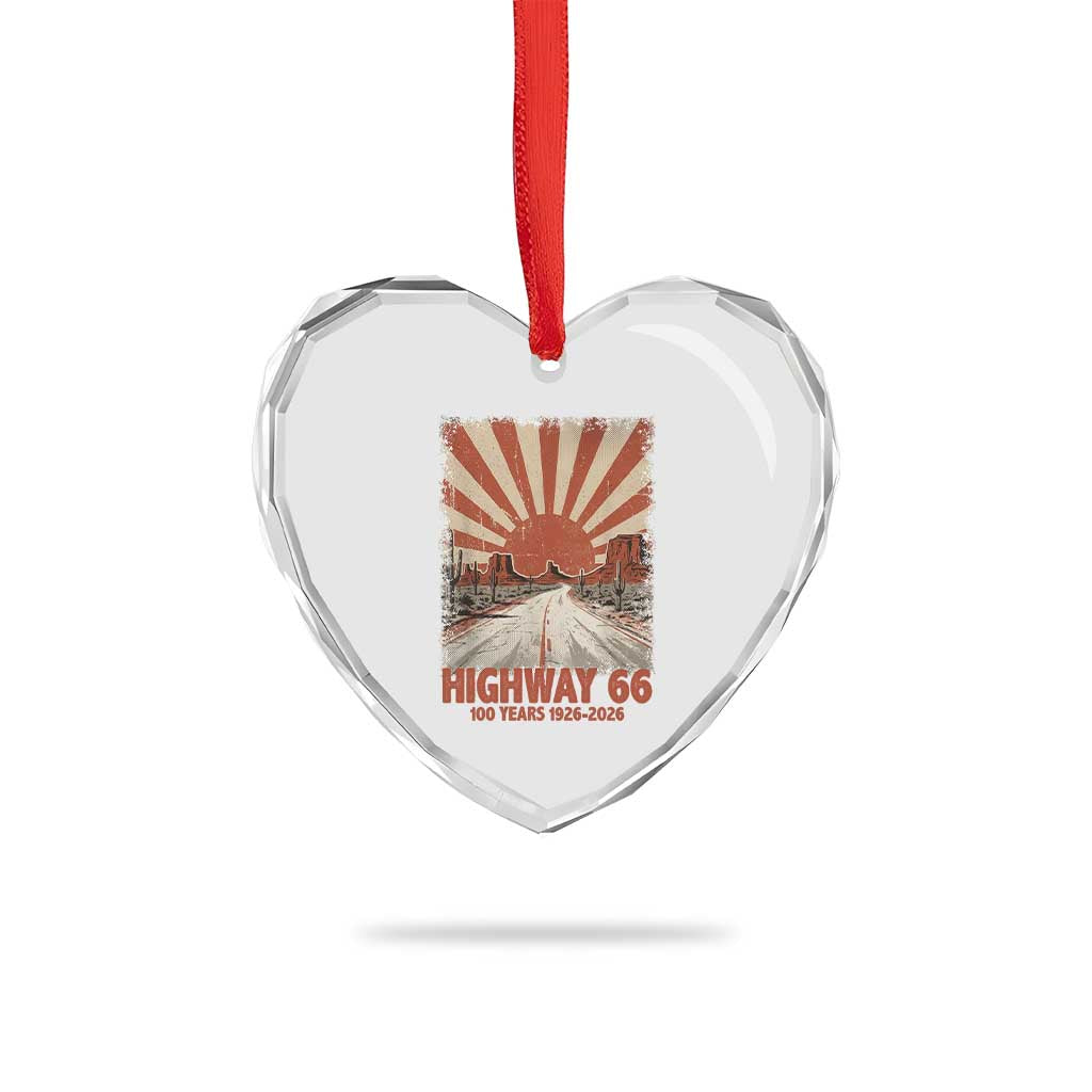 Highway 66 Main Street of America Sunset Horizon Heart Crystal Glass Ornament Centennial 1926-2026 Retro Desert Sunburst Graphic TS02 Print Your Wear