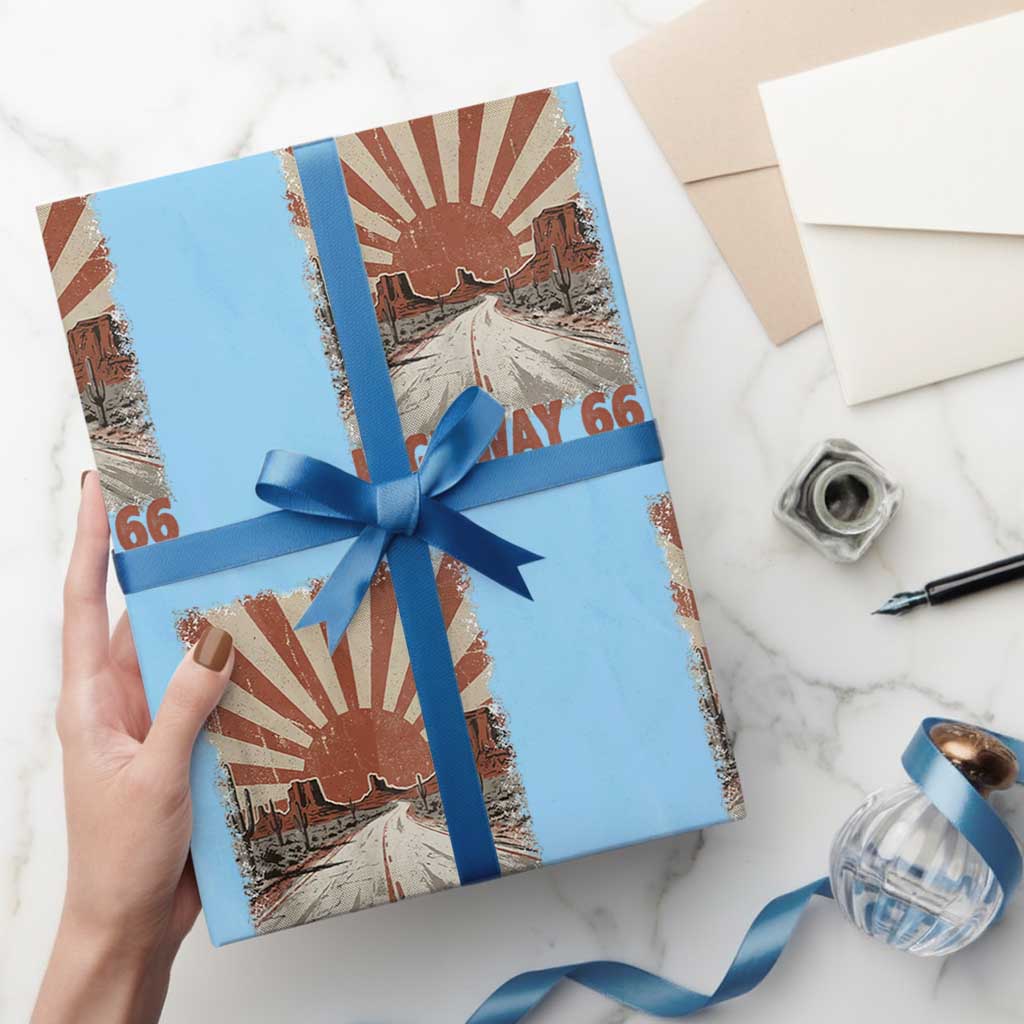 Highway 66 Main Street of America Sunset Horizon Wrapping Paper Roll Centennial 1926-2026 Retro Desert Sunburst Graphic TS02 Light Blue Print Your Wear