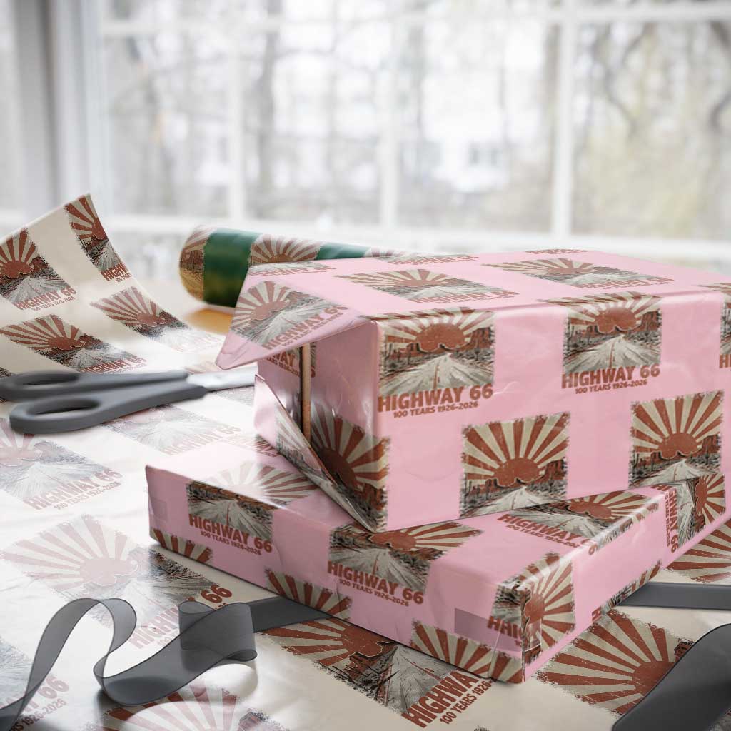 Highway 66 Main Street of America Sunset Horizon Wrapping Paper Roll Centennial 1926-2026 Retro Desert Sunburst Graphic TS02 Light Pink Print Your Wear