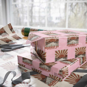 Highway 66 Main Street of America Sunset Horizon Wrapping Paper Roll Centennial 1926-2026 Retro Desert Sunburst Graphic TS02 Light Pink Print Your Wear