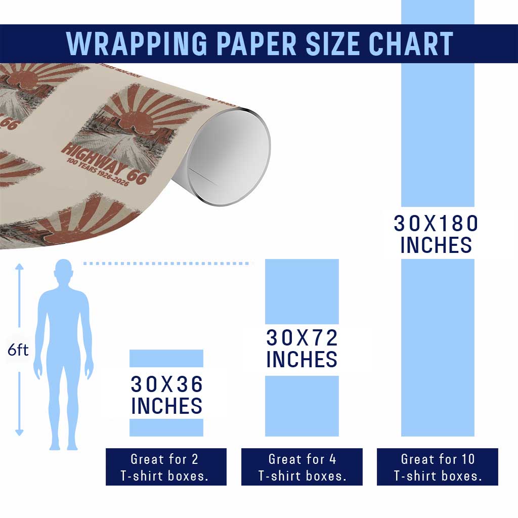 Highway 66 Main Street of America Sunset Horizon Wrapping Paper Roll Centennial 1926-2026 Retro Desert Sunburst Graphic TS02 Print Your Wear