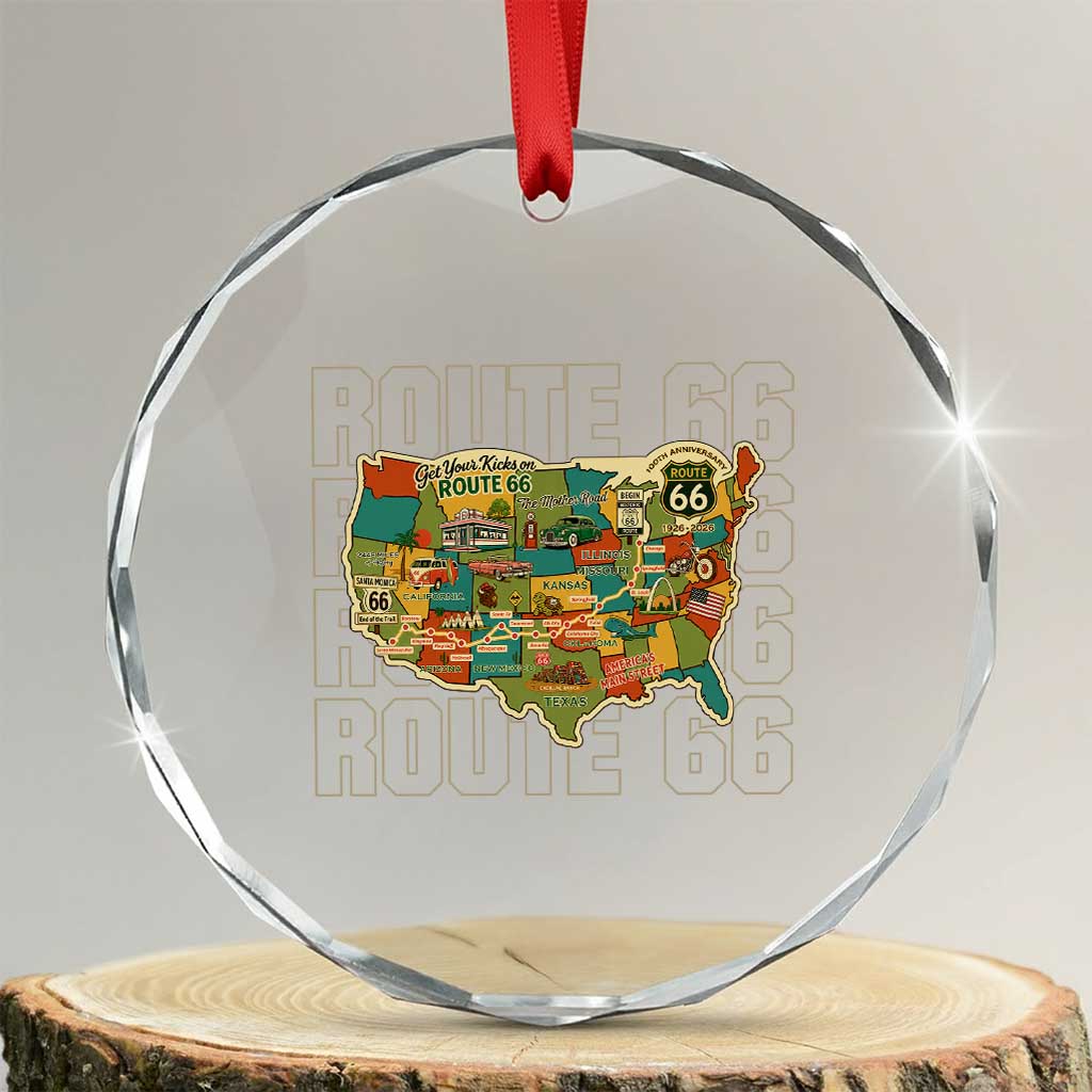 Route Highway 66 Travel Map 100th Anniversary 1926-2026 Crystal Glass Ornament Vintage Americana Centennial Road Trip Souvenir TS14 Transparent Glass 3'' Circle Print Your Wear