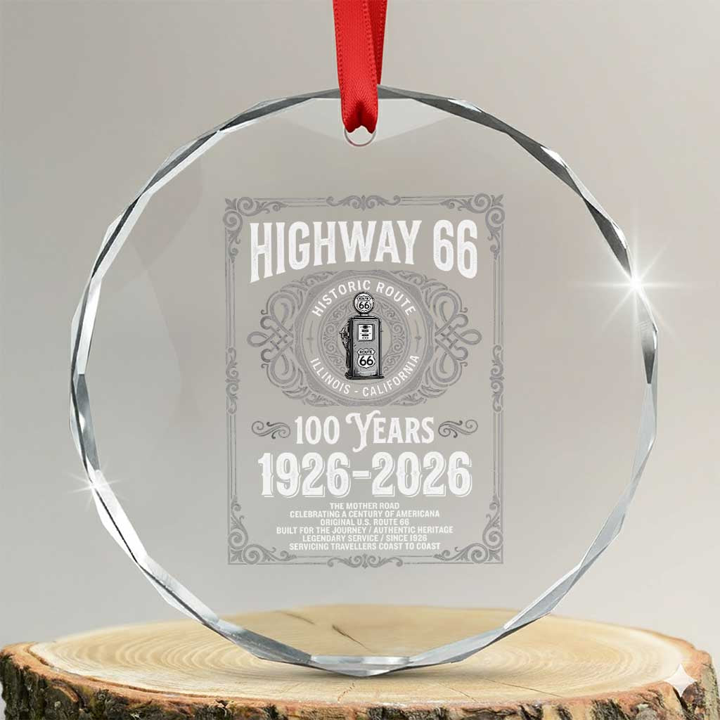 Historic Mother Road Highway 66 Crystal Glass Ornament Centennial 1926-2026 Classic Gas Pump Filigree Graphic TS02 Transparent Glass 3'' Circle Print Your Wear