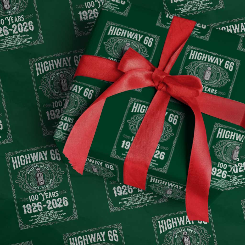 Historic Mother Road Highway 66 Wrapping Paper Roll Centennial 1926-2026 Classic Gas Pump Filigree Graphic TS02 Green Print Your Wear