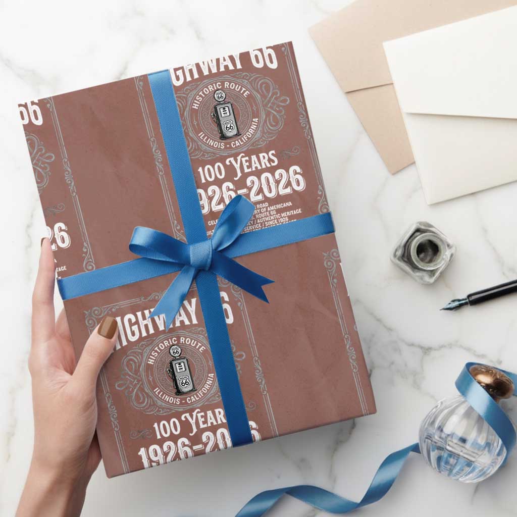 Historic Mother Road Highway 66 Wrapping Paper Roll Centennial 1926-2026 Classic Gas Pump Filigree Graphic TS02 Mocha Print Your Wear