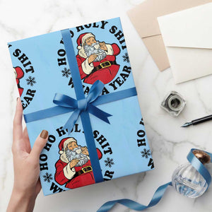 Ho Ho Holy Shit What A Year Wrapping Paper Roll Funny Christmas Santa TS11 Light Blue Print Your Wear
