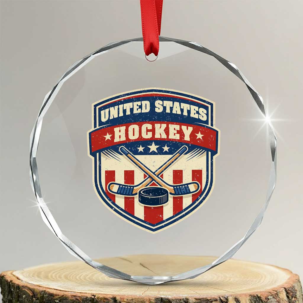 Hockey Crossed Sticks And Puck Retro USA Shield Flag Crystal Glass Ornament Red White Blue Striped Patriotic Sports Fan Pride Graphic TS02 Transparent Glass 3'' Circle Print Your Wear