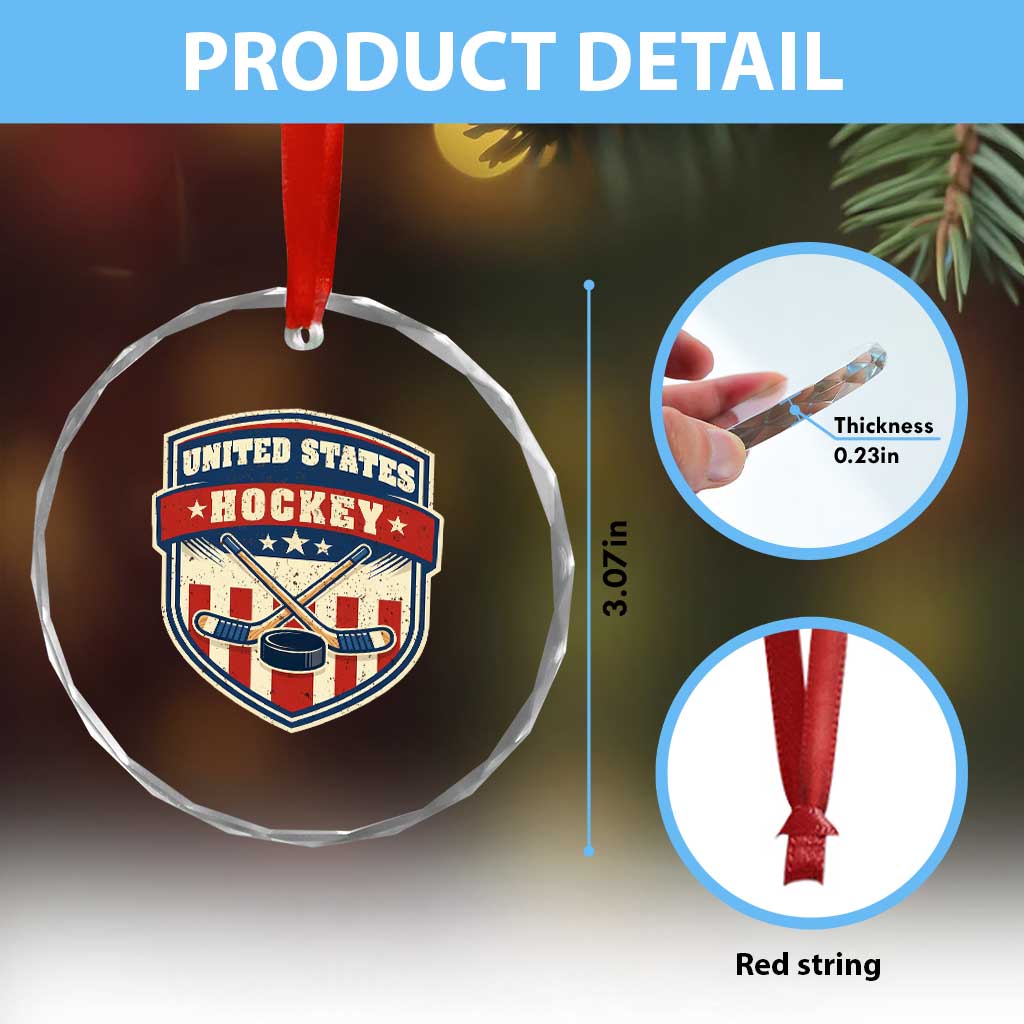 Hockey Crossed Sticks And Puck Retro USA Shield Flag Crystal Glass Ornament Red White Blue Striped Patriotic Sports Fan Pride Graphic TS02 Print Your Wear
