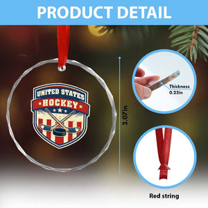 Hockey Crossed Sticks And Puck Retro USA Shield Flag Crystal Glass Ornament Red White Blue Striped Patriotic Sports Fan Pride Graphic TS02 Print Your Wear