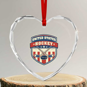 Hockey Crossed Sticks And Puck Retro USA Shield Flag Heart Crystal Glass Ornament Red White Blue Striped Patriotic Sports Fan Pride Graphic TS02 Transparent Glass 3'' Heart Print Your Wear
