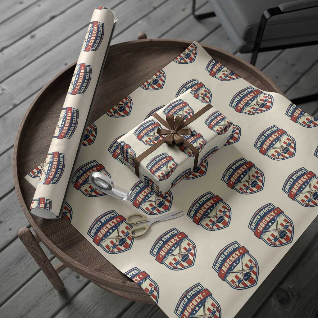 Hockey Crossed Sticks And Puck Retro USA Shield Flag Wrapping Paper Roll Red White Blue Striped Patriotic Sports Fan Pride Graphic TS02 Beige Print Your Wear