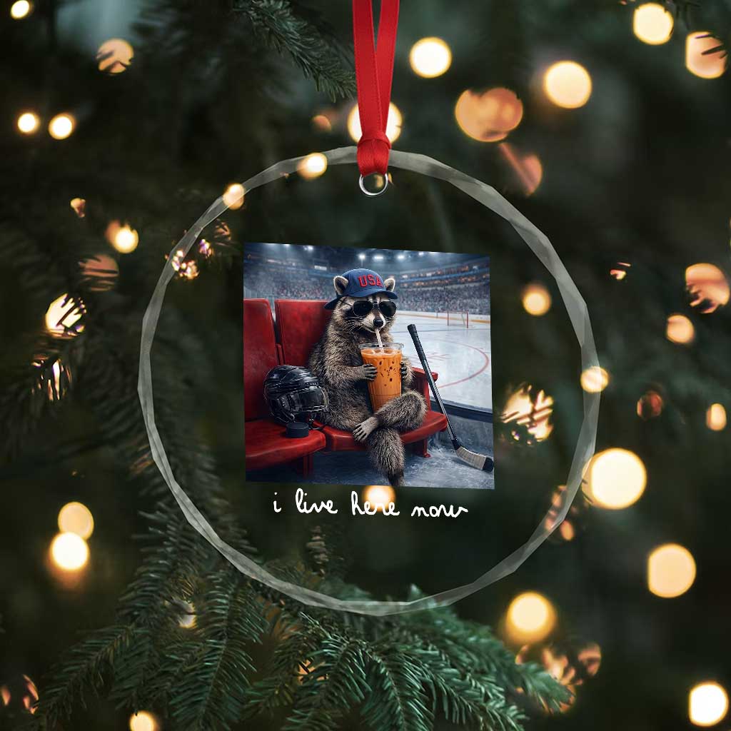 Hockey Mom Raccoon Iced Coffee Crystal Glass Ornament I Live Here Now TS14 Print Your Wear