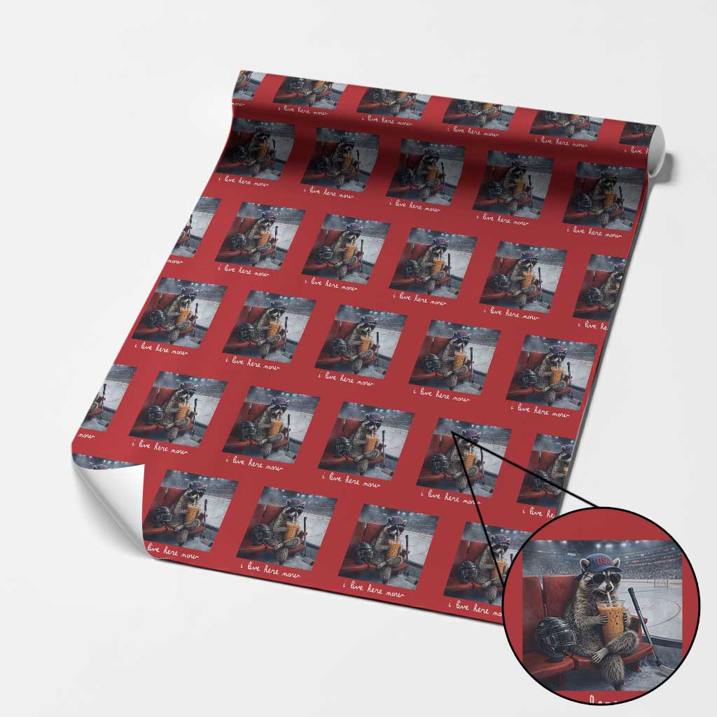 Hockey Mom Raccoon Iced Coffee Wrapping Paper Roll I Live Here Now TS14 Red Print Your Wear