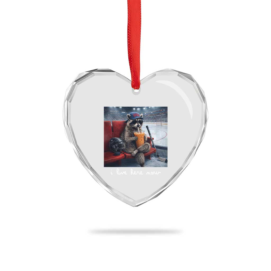 Hockey Mom Raccoon Iced Coffee Heart Crystal Glass Ornament I Live Here Now TS14 Print Your Wear