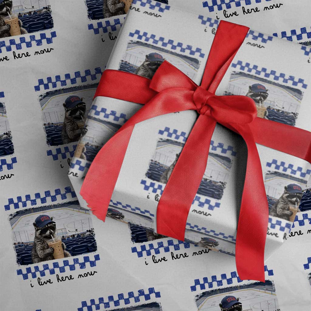 Hockey Mom Raccoon Iced Coffee Wrapping Paper Roll I Live Here Now TS14 White Print Your Wear
