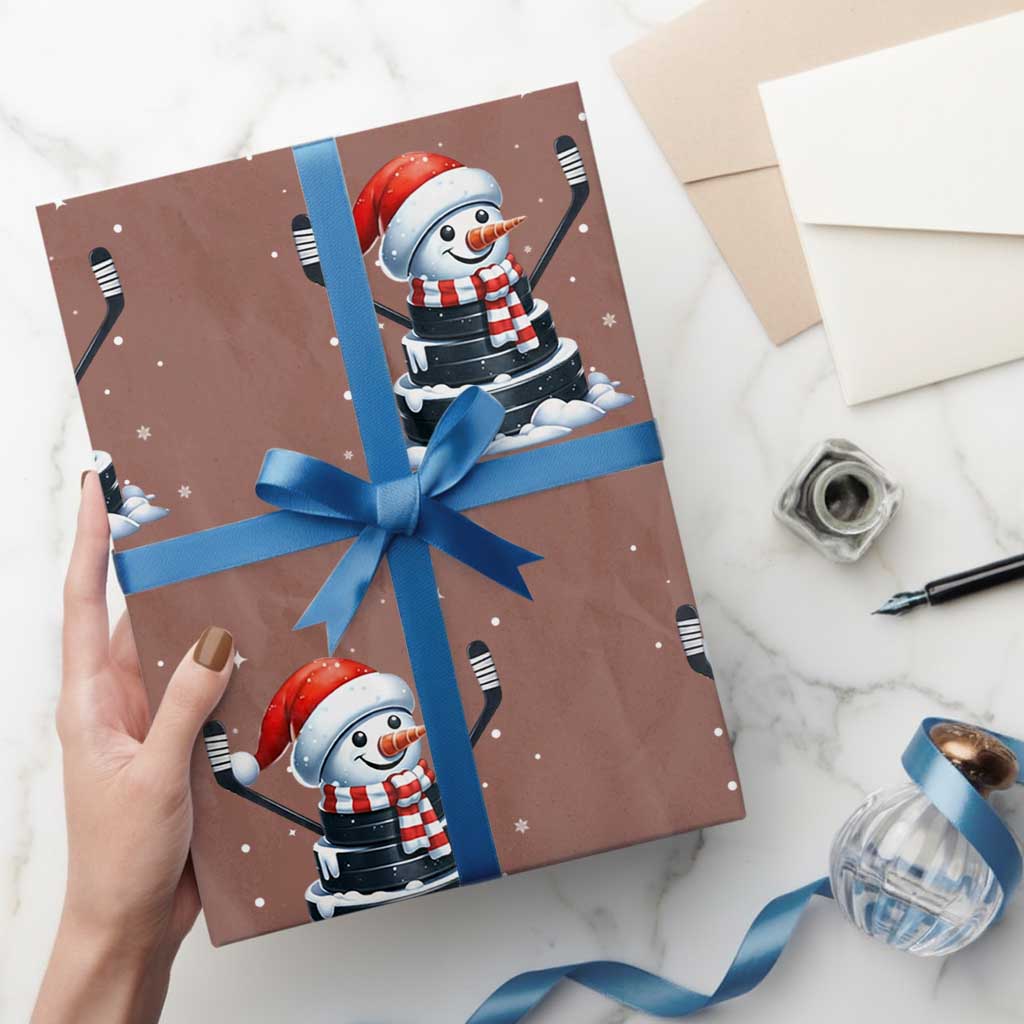 Hockey Puck Snowman Wrapping Paper Roll Funny Holiday Christmas Gift TS12 Mocha Print Your Wear