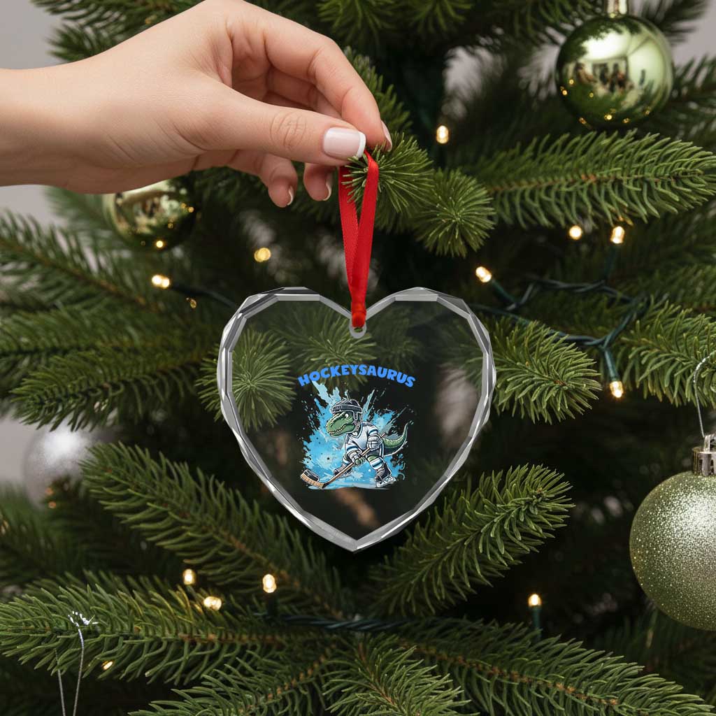 Hockeysaurus Heart Crystal Glass Ornament Funny Dinosaur Playing Ice Hockey Gift TS12 Print Your Wear