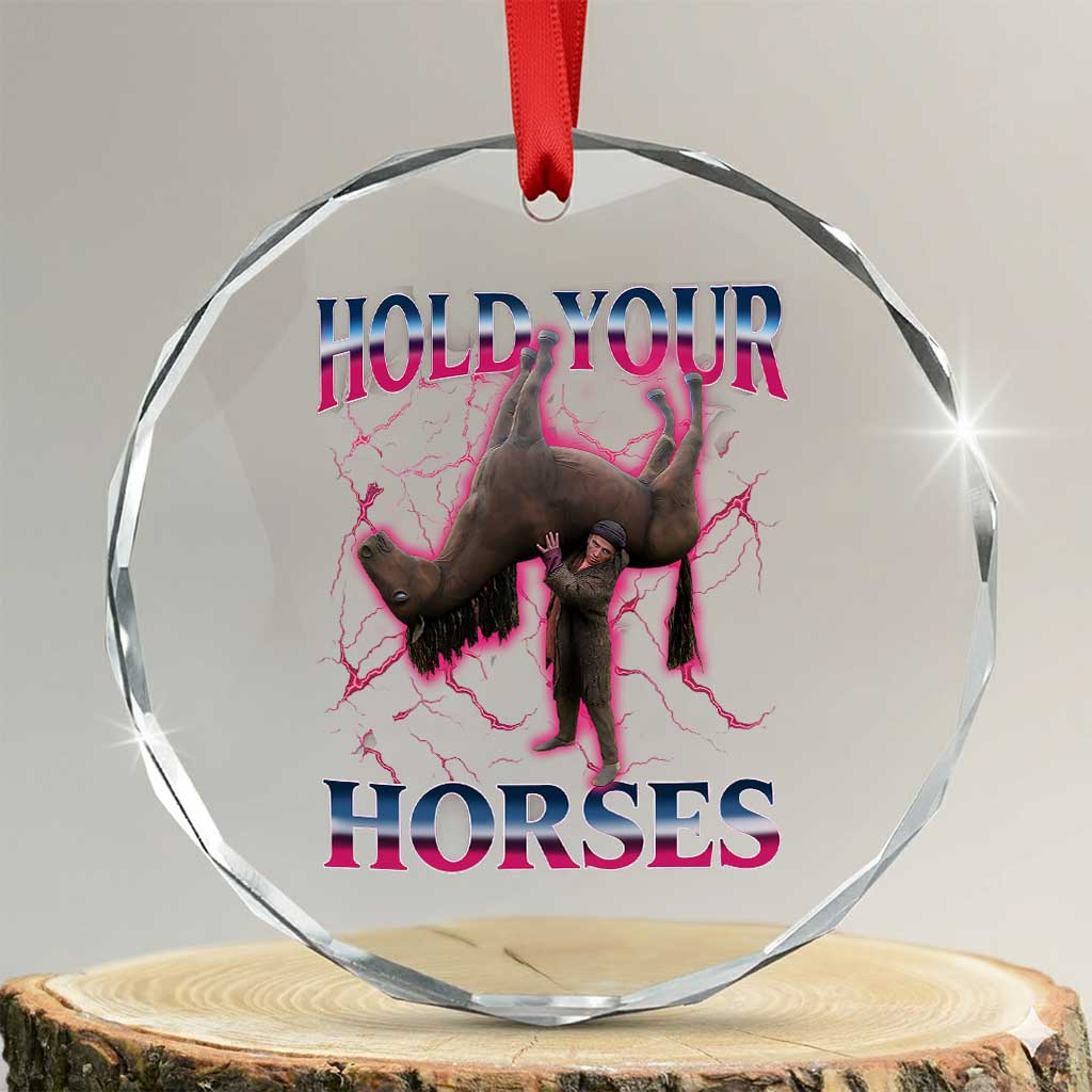 Hold Your Horses Funny Meme Crystal Glass Ornament Vintage 90s Style Bootleg Graphic TS10 Transparent Glass 3'' Circle Print Your Wear