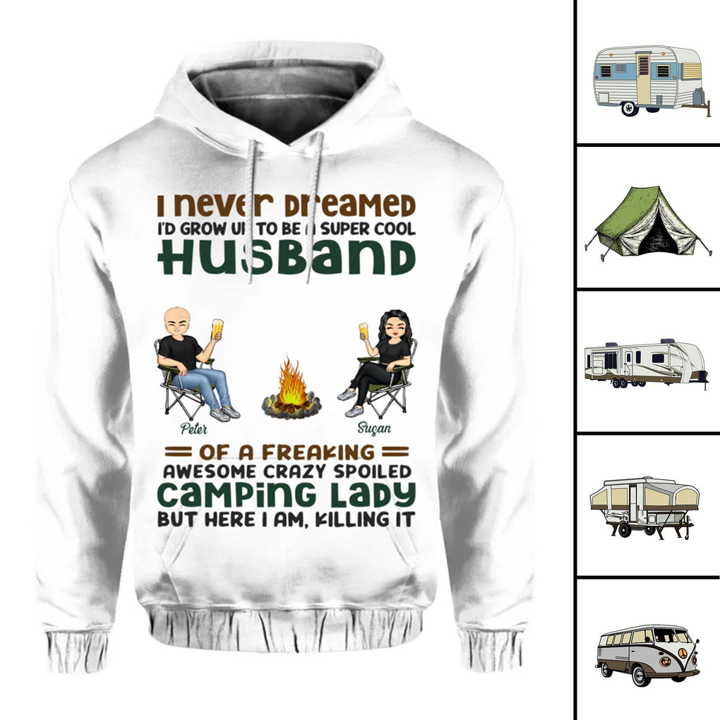 Personalized Funny Camping Hoodie I Never Dreamed Id Grow Up To Be A Super Cool Husband White CTM Youth Custom - Printyourwear