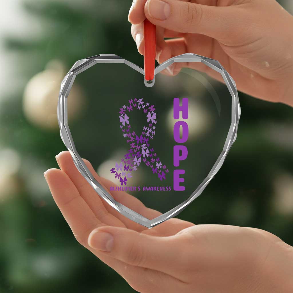 Hope Alzheimer's Awareness Purple Butterfly Ribbon Support Heart Crystal Glass Ornament