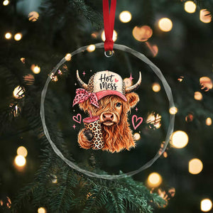 Hot Mess Highland Cow Pink Leopard Coquette Crystal Glass Ornament Cute Western Country Mom Life