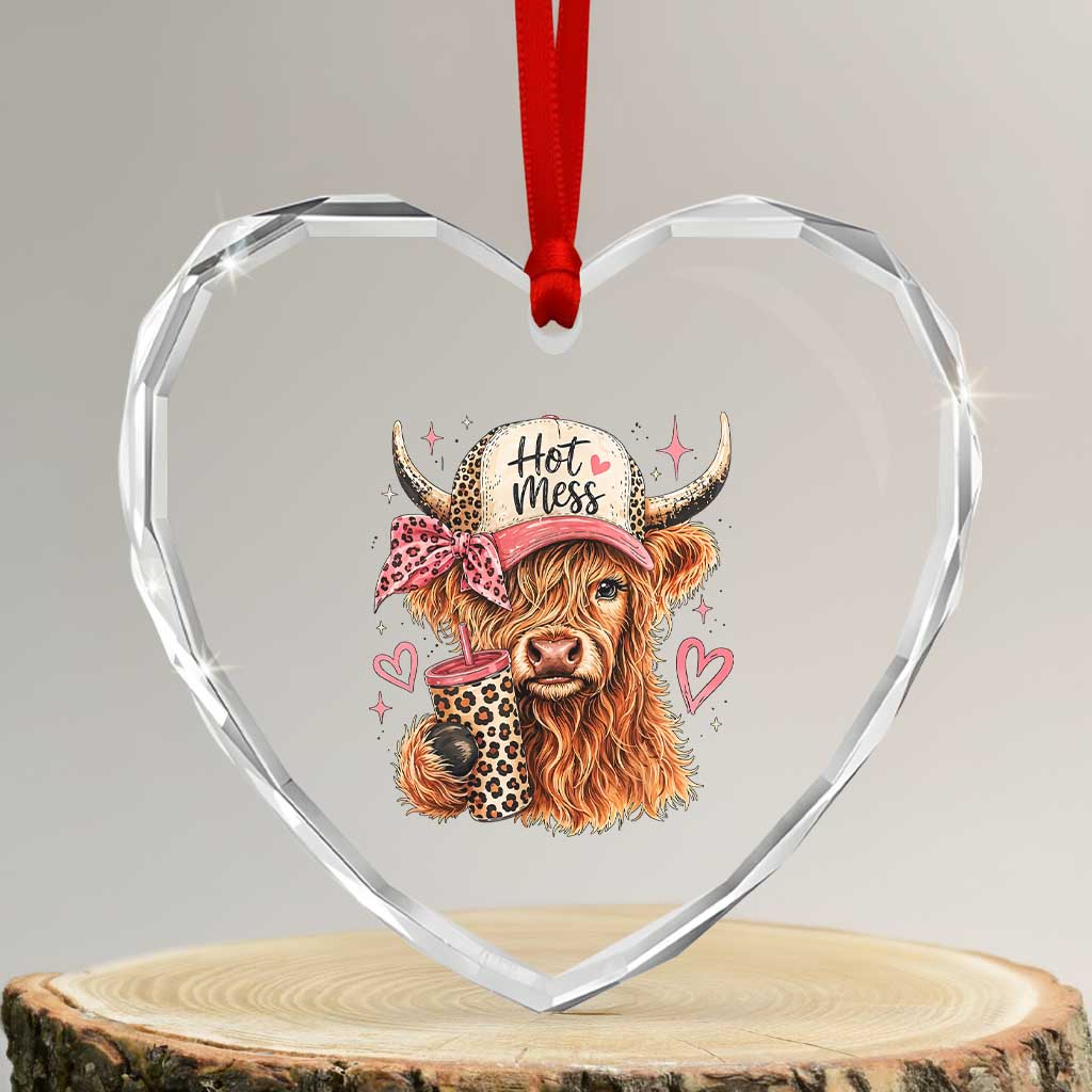 Hot Mess Highland Cow Pink Leopard Coquette Heart Crystal Glass Ornament Cute Western Country Mom Life TS02 Transparent Glass 3'' Heart Print Your Wear