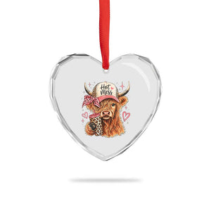 Hot Mess Highland Cow Pink Leopard Coquette Heart Crystal Glass Ornament Cute Western Country Mom Life