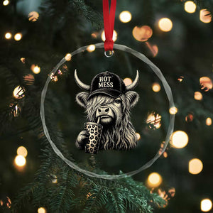 Hot Mess Highland Cow Sipping Iced Coffee Meme Crystal Glass Ornament Funny Sarcastic Everyday Life Country Western Style