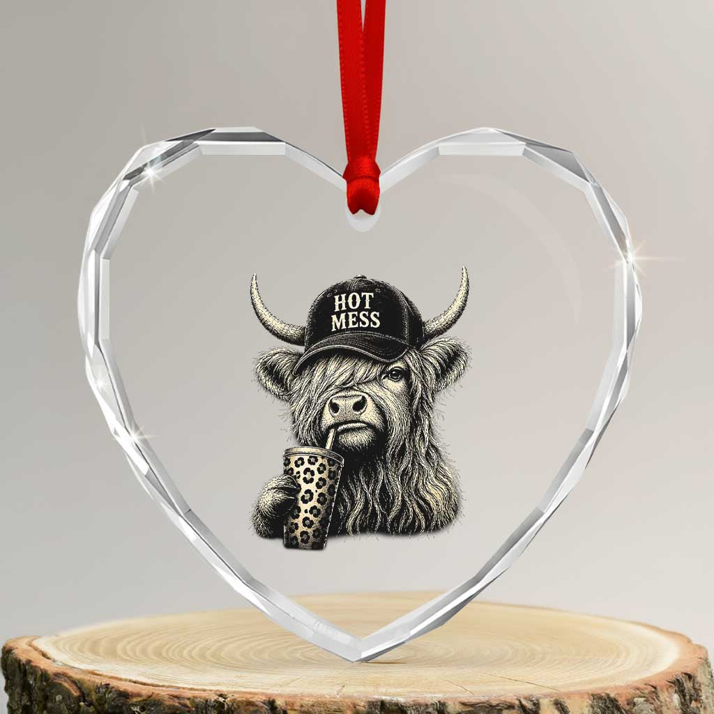 Hot Mess Highland Cow Sipping Iced Coffee Meme Heart Crystal Glass Ornament Funny Sarcastic Everyday Life Country Western Style TS02 Transparent Glass 3'' Heart Print Your Wear