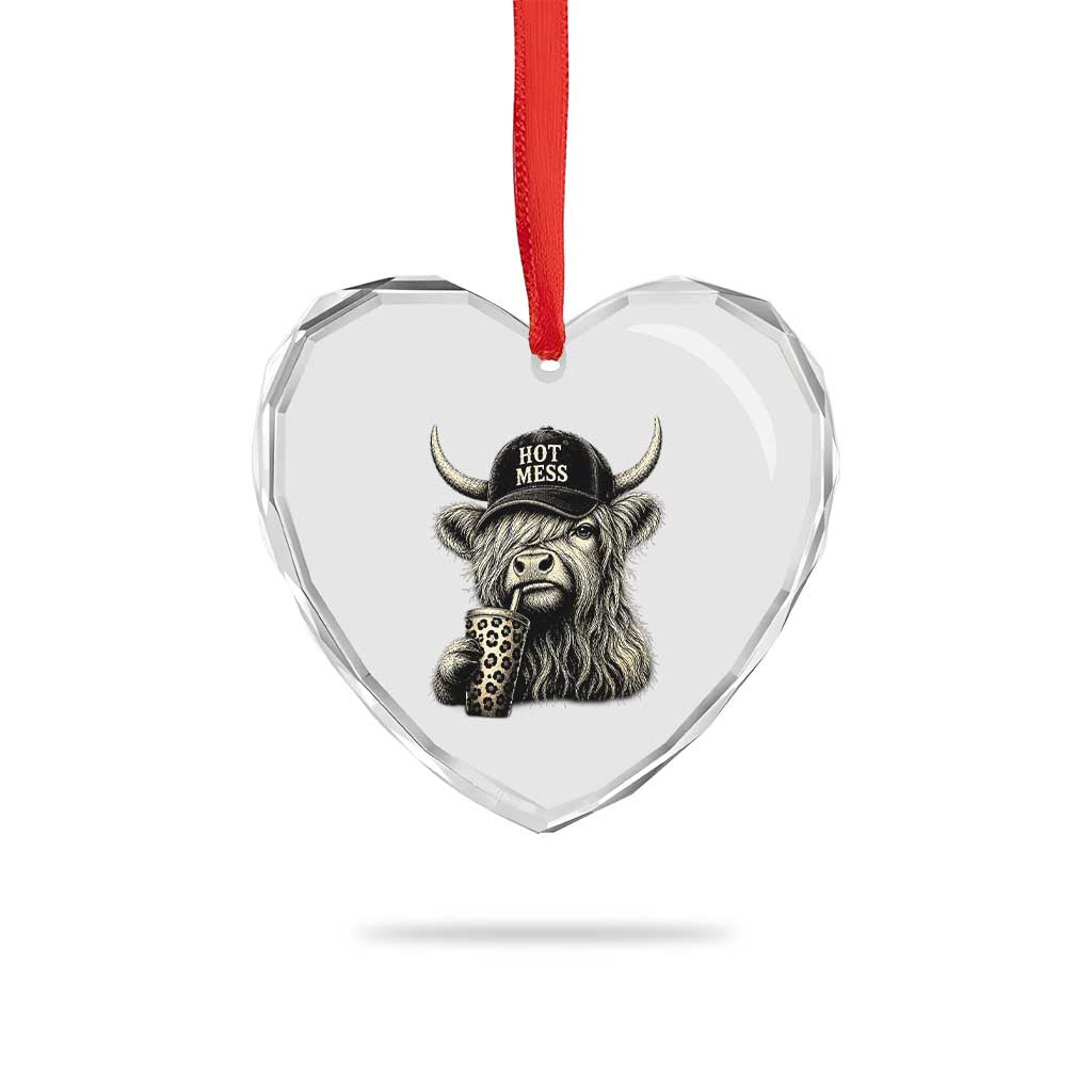Hot Mess Highland Cow Sipping Iced Coffee Meme Heart Crystal Glass Ornament Funny Sarcastic Everyday Life Country Western Style