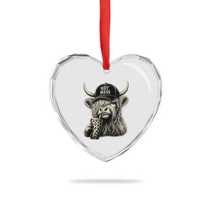 Hot Mess Highland Cow Sipping Iced Coffee Meme Heart Crystal Glass Ornament Funny Sarcastic Everyday Life Country Western Style