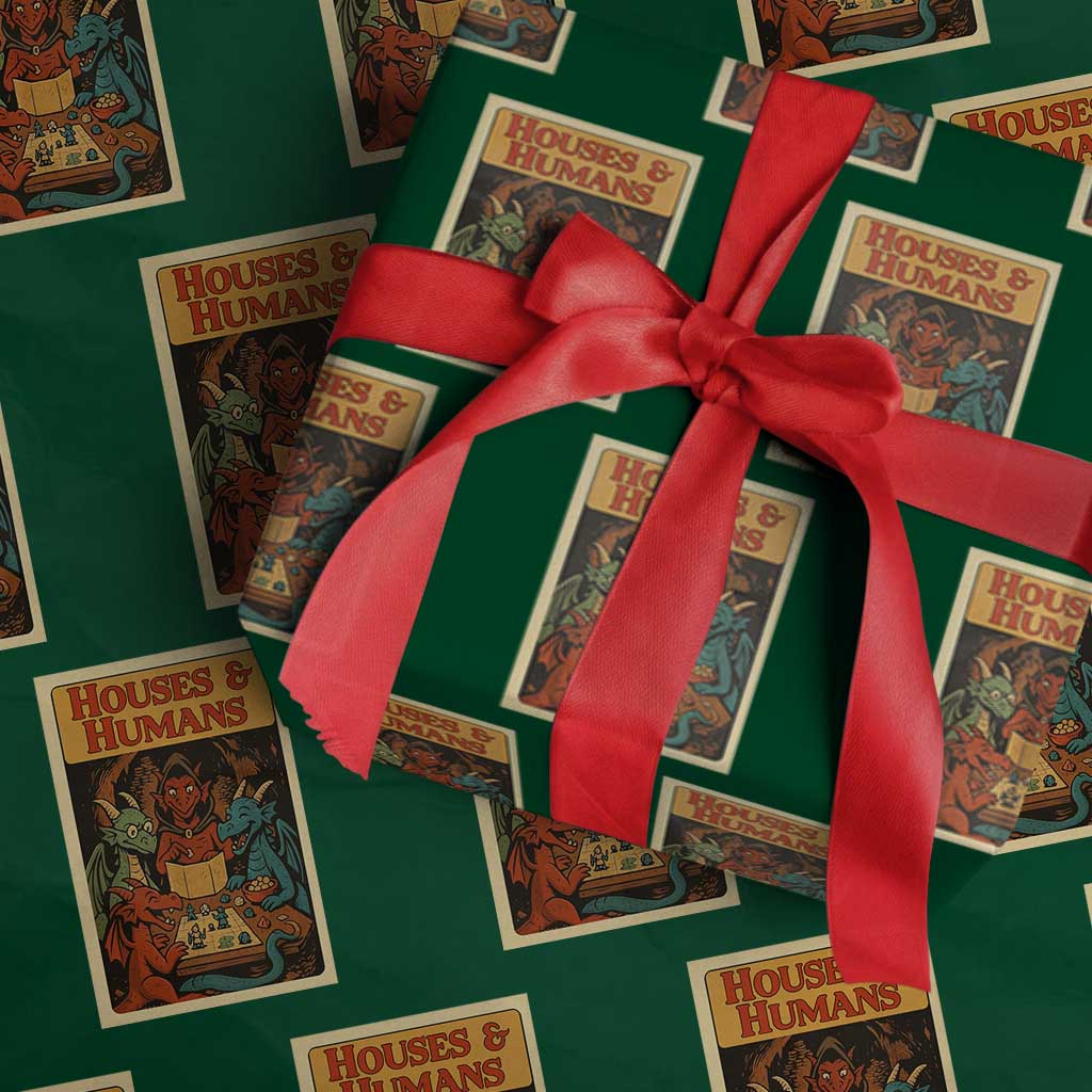 Houses and Humans Fantasy Tabletop Game Wrapping Paper Roll Retro RPG Dragons Board Game Roleplay Fans TS02 Green Print Your Wear